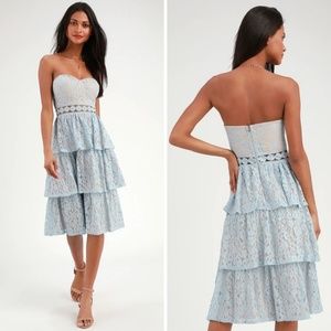 Lulu's Adorn Light Blue Lace Strapless Midi Dress
